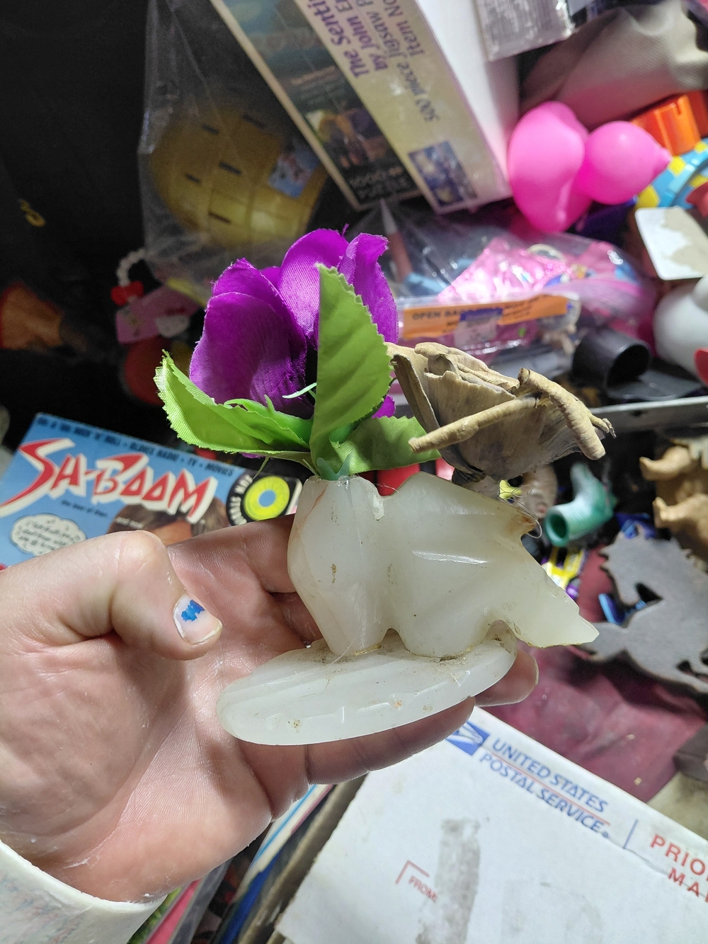Handcrafted White Alabaster Turtle Figurine with Purple Fabric Flower Accent